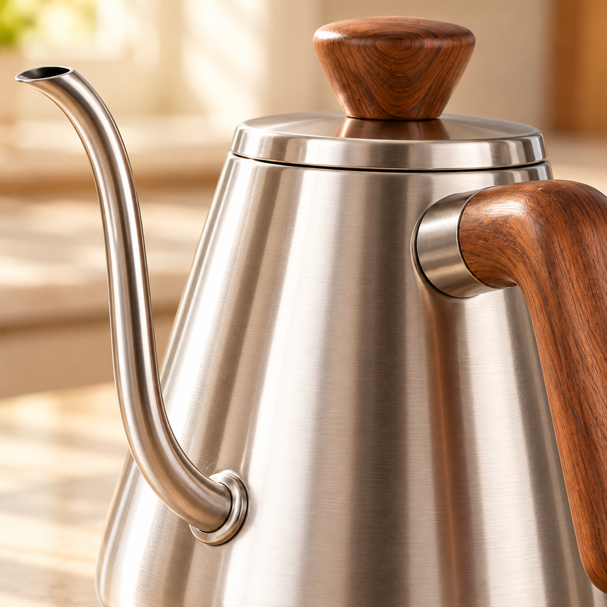Close-up detail of the Tervinna kettle spout and walnut-tone handle