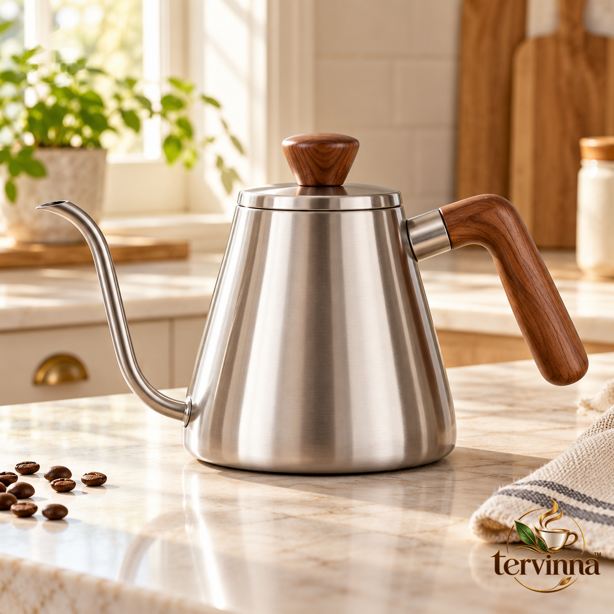 Stainless Steel Gooseneck Kettle with Walnut-Tone Handle main image with transparent Tervinna logo at lower right