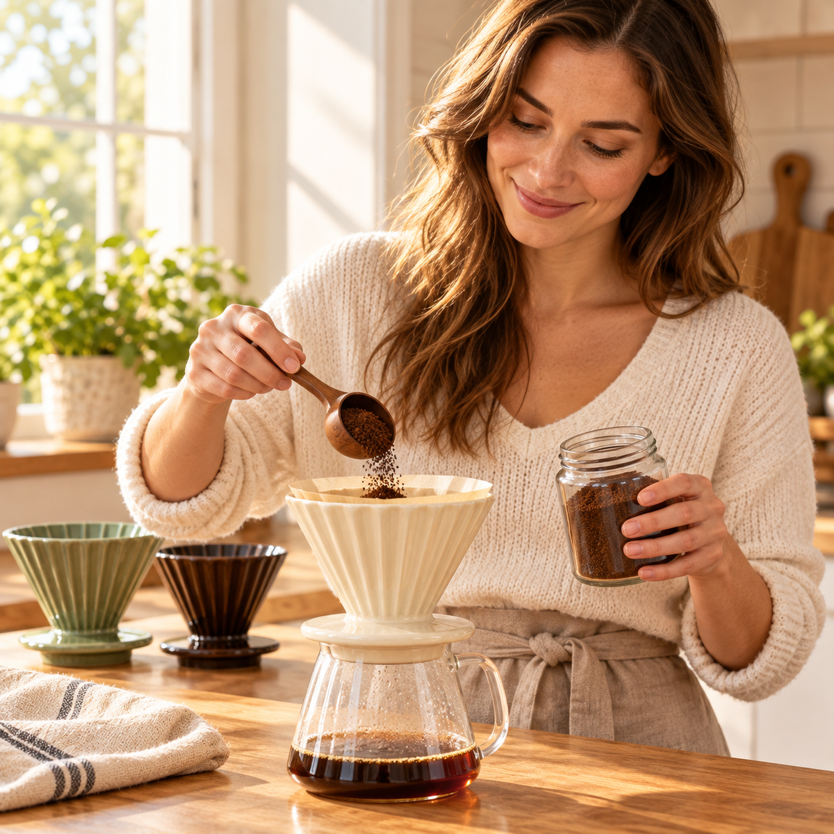 Tervinna Ribbed Ceramic Pour-Over Dripper: woman using the product in a home setting
