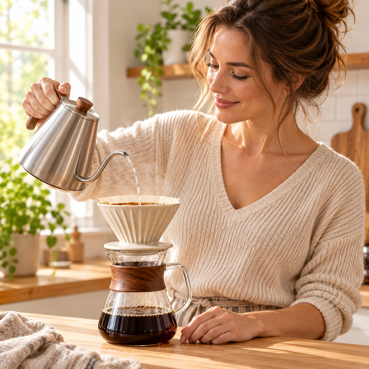 Tervinna Glass Pour-Over Coffee Set with Ceramic Dripper: woman using the product in a home setting