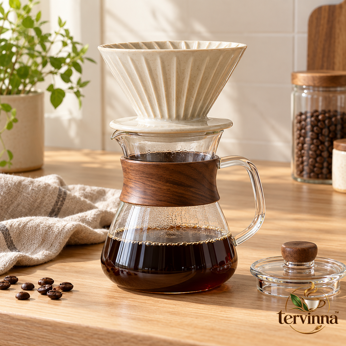Glass Pour-Over Coffee Set with Ceramic Dripper main image with transparent Tervinna logo at lower right