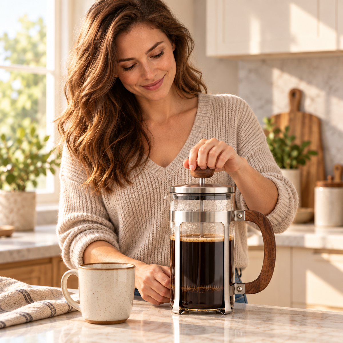 Tervinna Glass French Press with Walnut-Tone Handle: woman using the product in a home setting