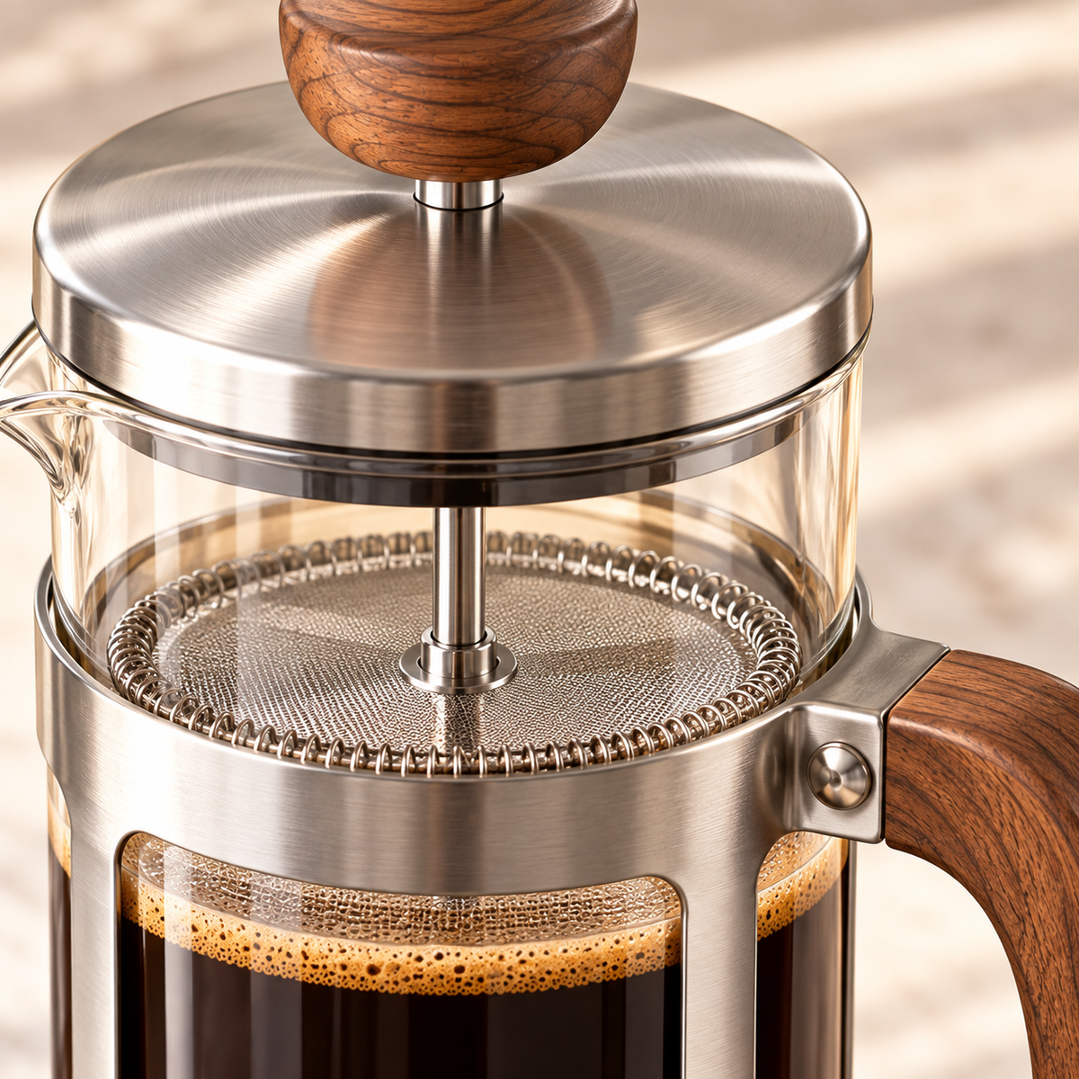 Tervinna Glass French Press with Walnut-Tone Handle: close-up product detail
