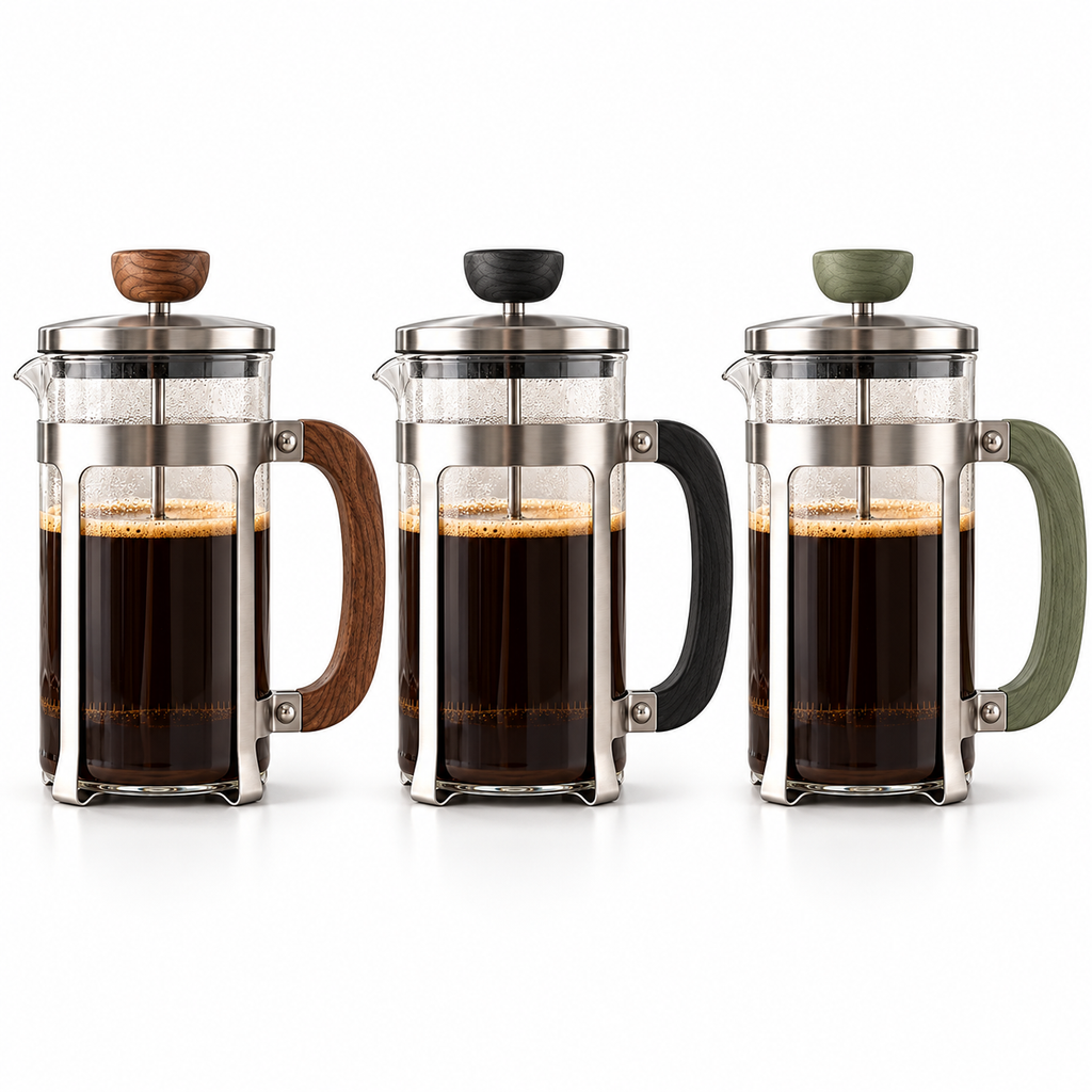 Tervinna Glass French Press with Walnut-Tone Handle: three color options