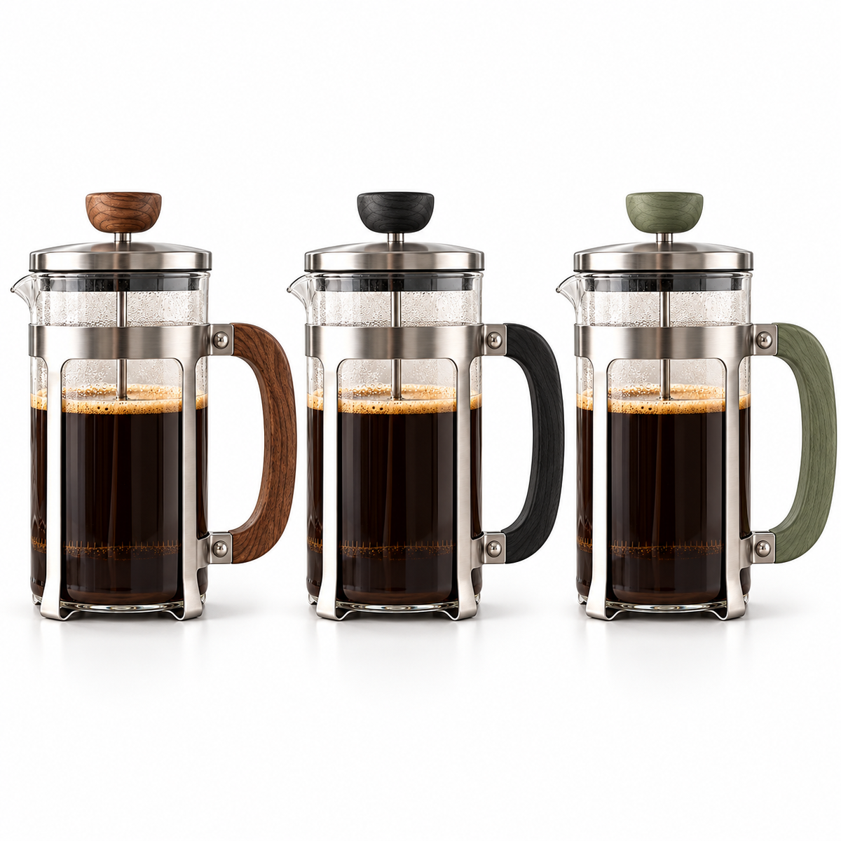 Tervinna Glass French Press with Walnut-Tone Handle: three color options