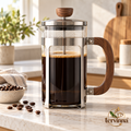 Glass French Press with Walnut-Tone Handle main image with transparent Tervinna logo at lower right