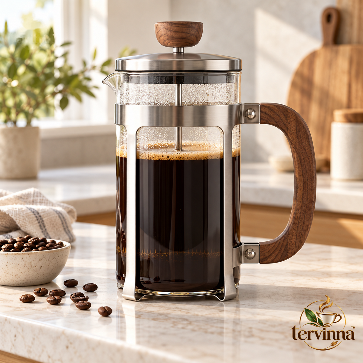 Glass French Press with Walnut-Tone Handle main image with transparent Tervinna logo at lower right