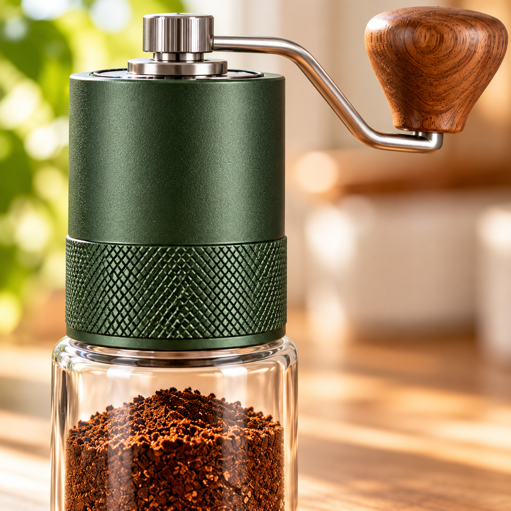 Tervinna Manual Burr Coffee Grinder with Glass Grounds Jar: close-up product detail