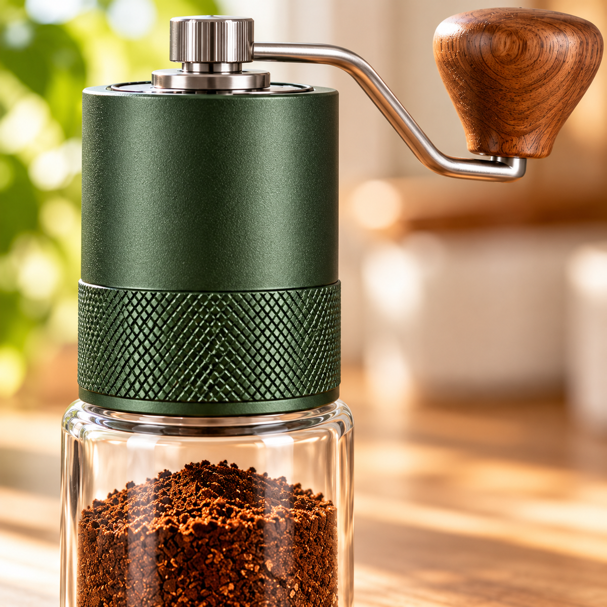 Tervinna Manual Burr Coffee Grinder with Glass Grounds Jar: close-up product detail