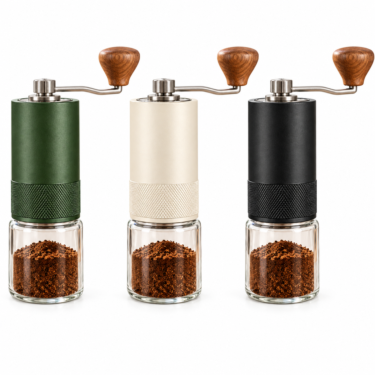 Tervinna Manual Burr Coffee Grinder with Glass Grounds Jar: three color options