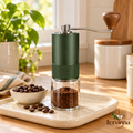 Manual Burr Coffee Grinder with Glass Grounds Jar main image with transparent Tervinna logo at lower right