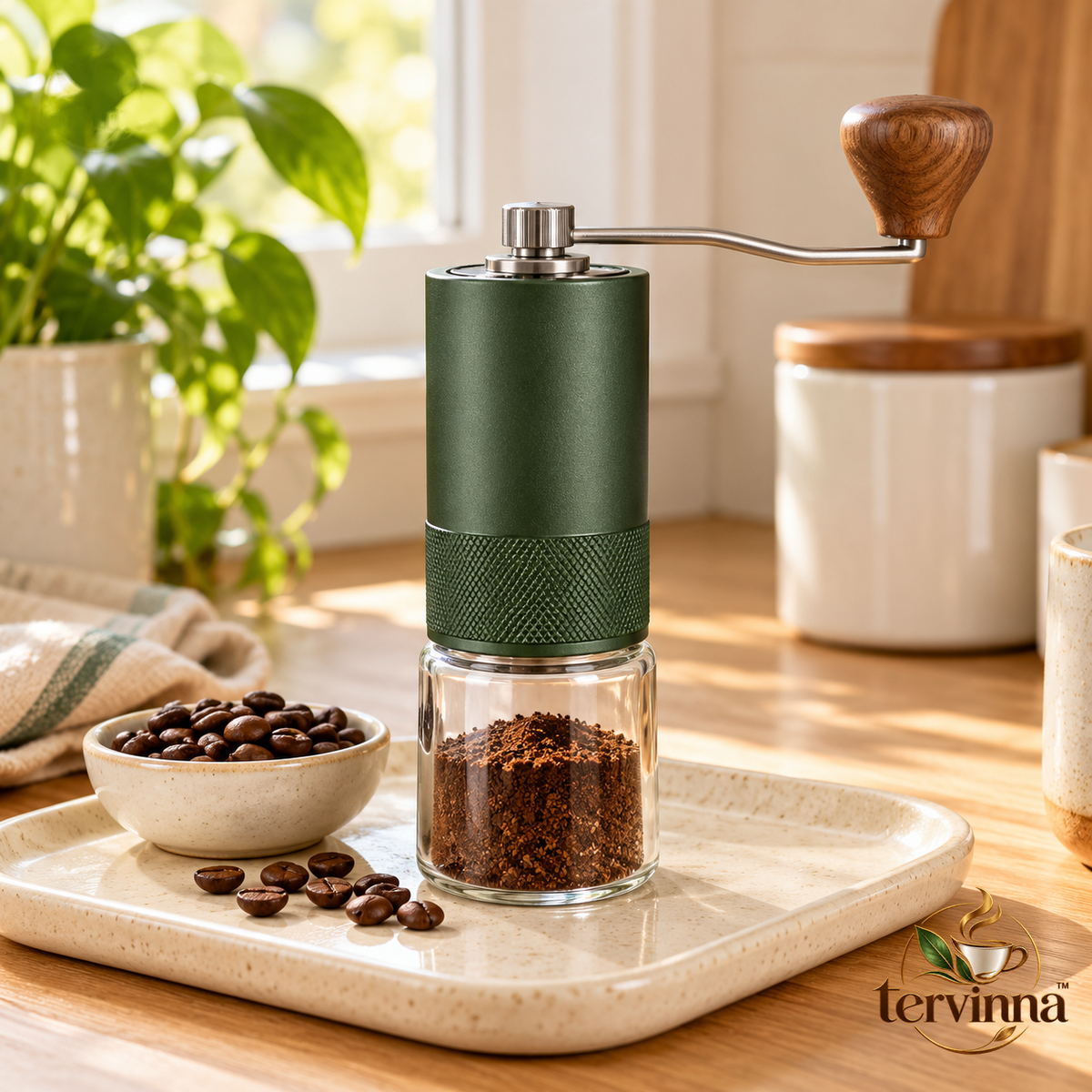 Manual Burr Coffee Grinder with Glass Grounds Jar main image with transparent Tervinna logo at lower right