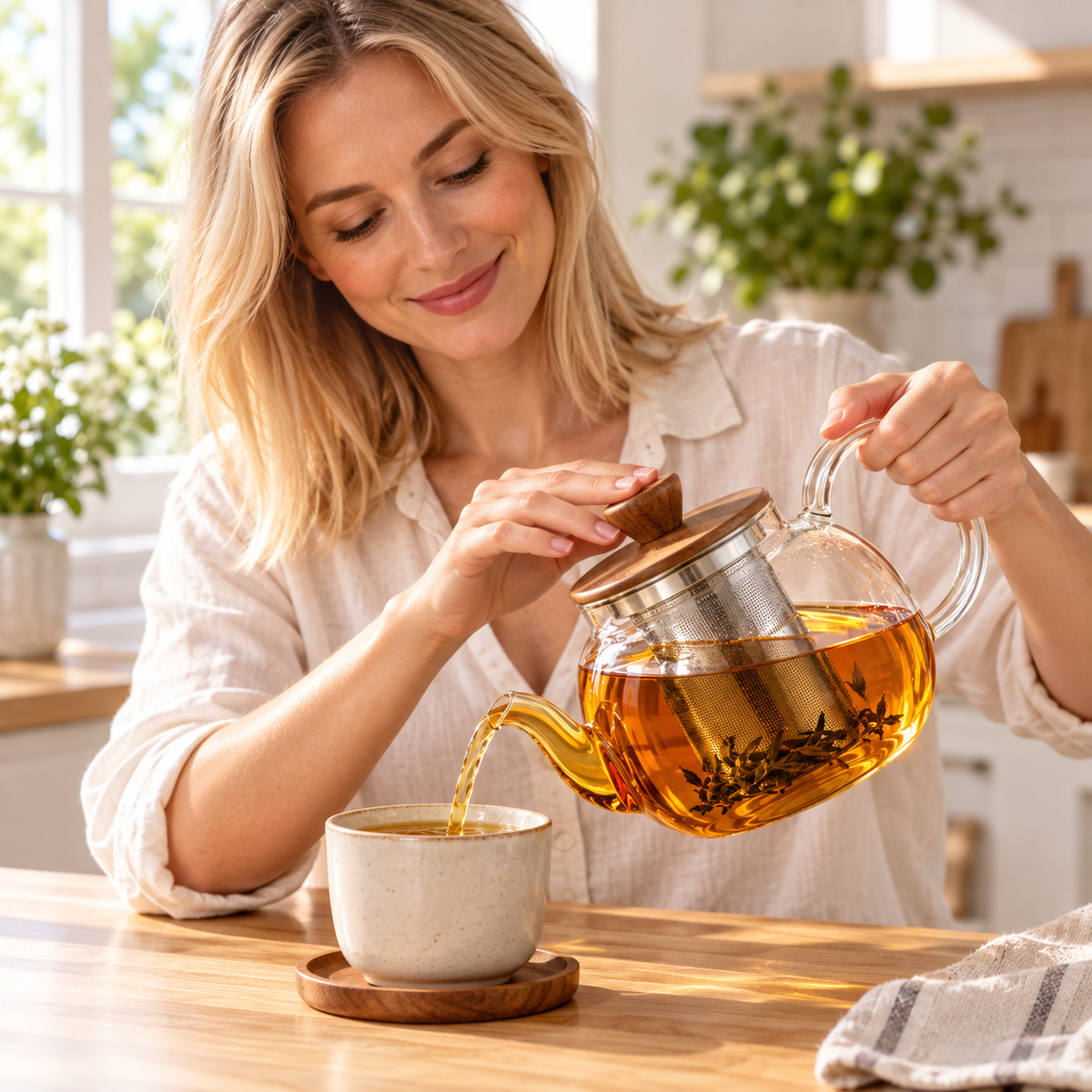 Tervinna Glass Tea Infuser Teapot: woman using the product in a home setting