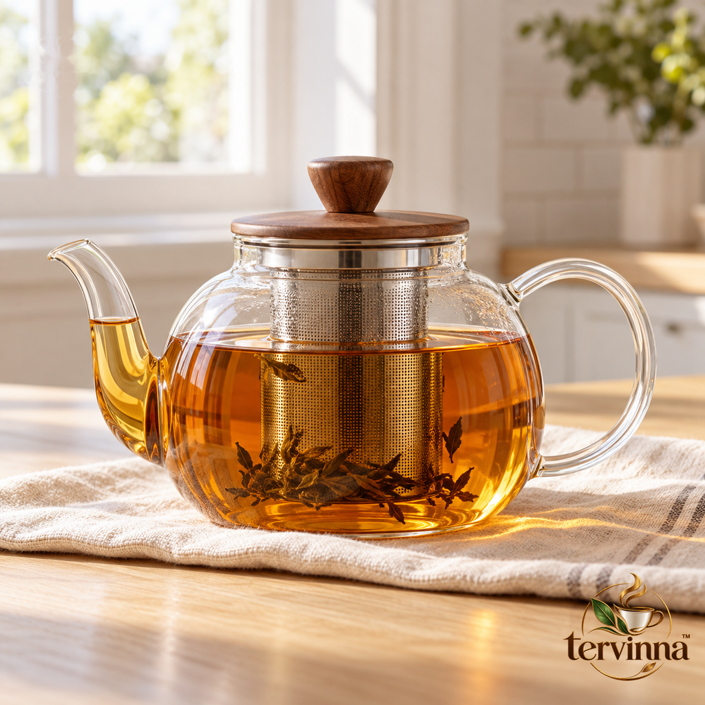 Glass Tea Infuser Teapot main image with transparent Tervinna logo at lower right