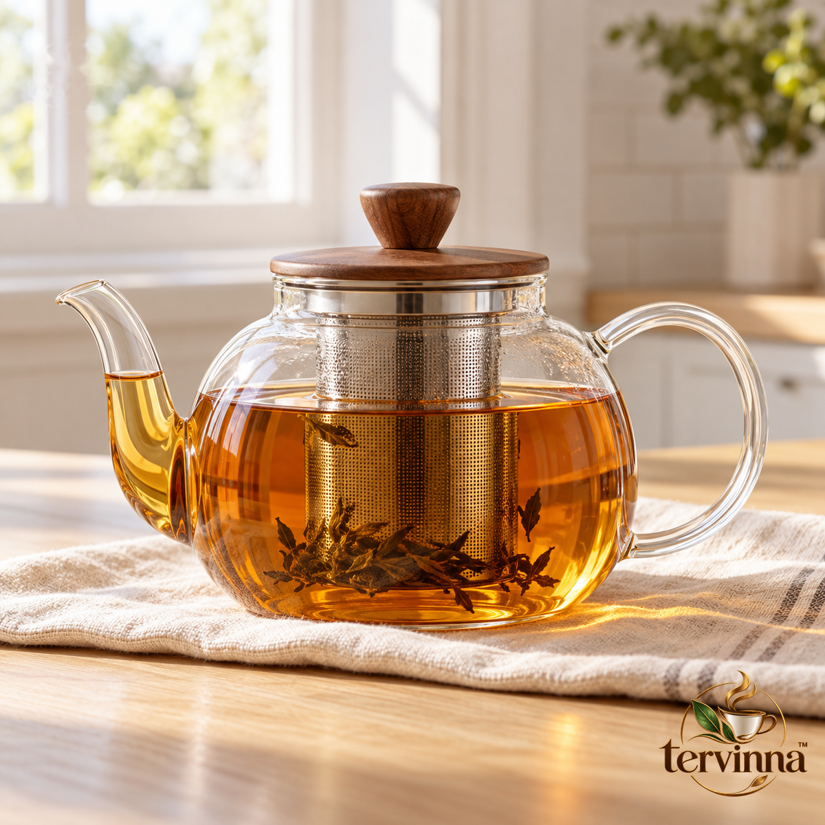 Glass Tea Infuser Teapot main image with transparent Tervinna logo at lower right