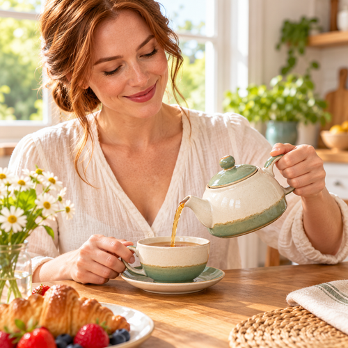 Tervinna Ceramic Tea-for-One Set: woman using the product in a home setting