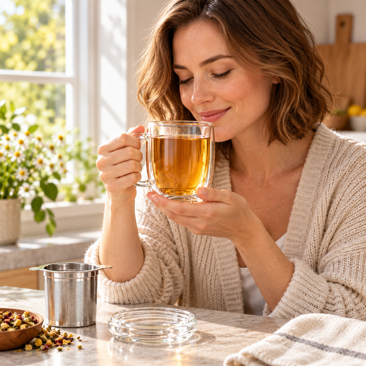 Tervinna Double-Wall Glass Tea Infuser Mug: woman using the product in a home setting
