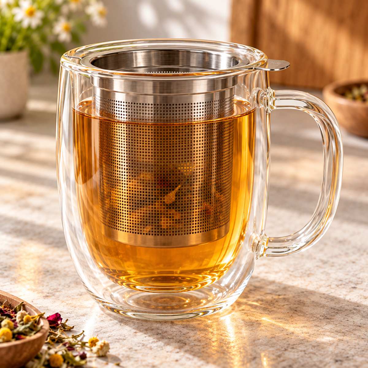 Tervinna Double-Wall Glass Tea Infuser Mug: close-up product detail