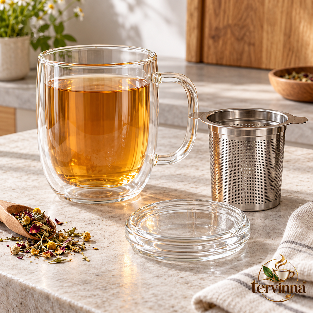 Double-Wall Glass Tea Infuser Mug main image with transparent Tervinna logo at lower right