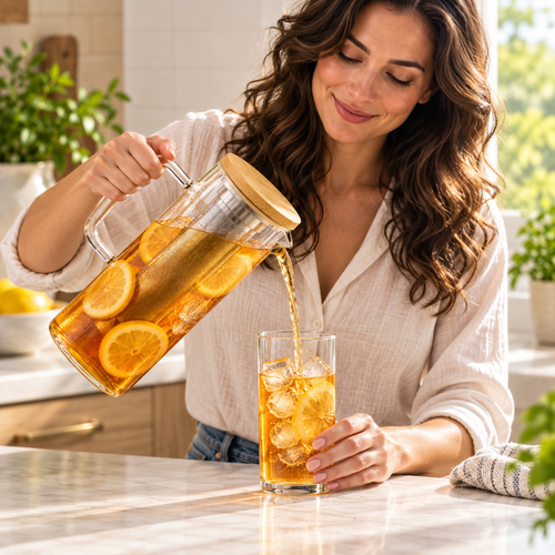 Tervinna Cold Brew Pitcher with Removable Infuser: woman using the product in a home setting