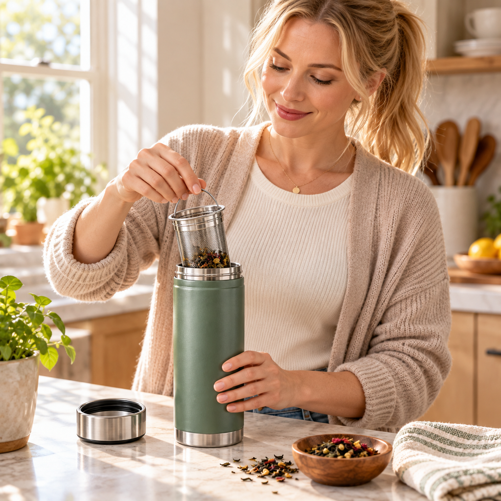 Tervinna Insulated Tea Travel Tumbler: woman using the product in a home setting