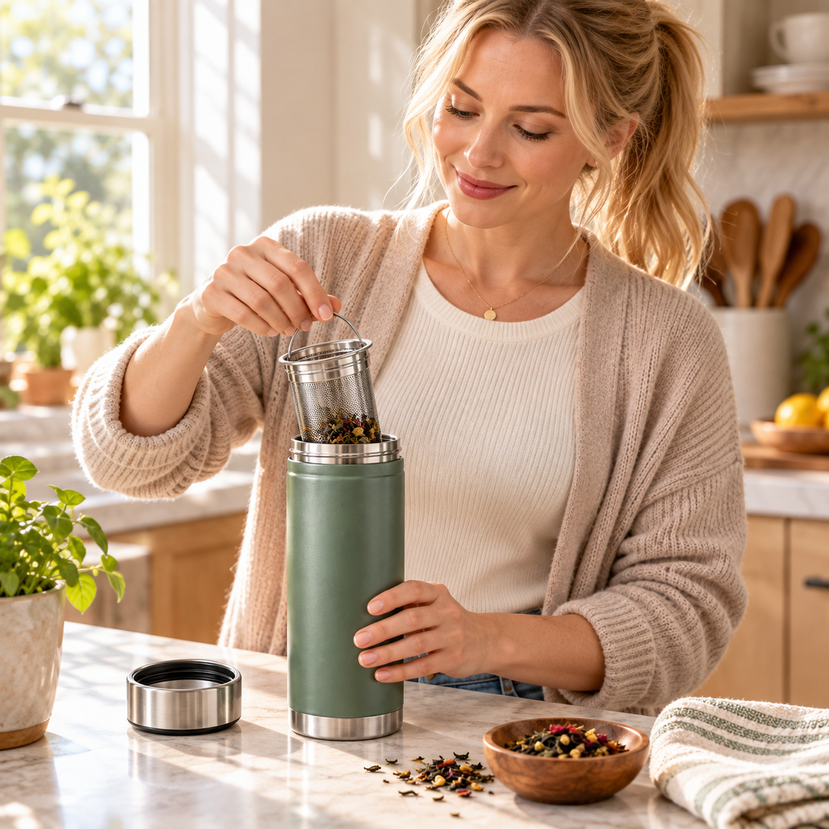 Tervinna Insulated Tea Travel Tumbler: woman using the product in a home setting