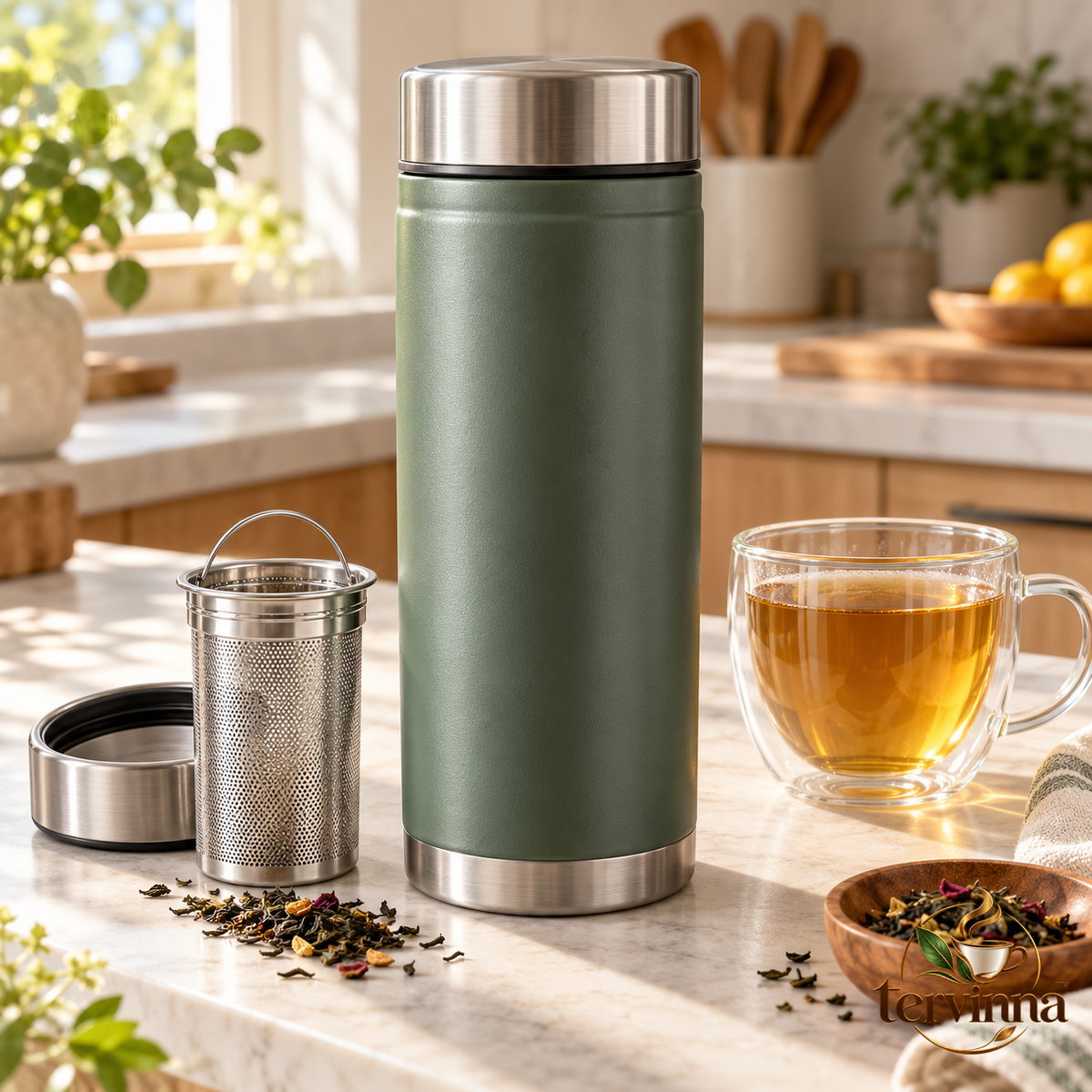 Insulated Tea Travel Tumbler main image with transparent Tervinna logo at lower right