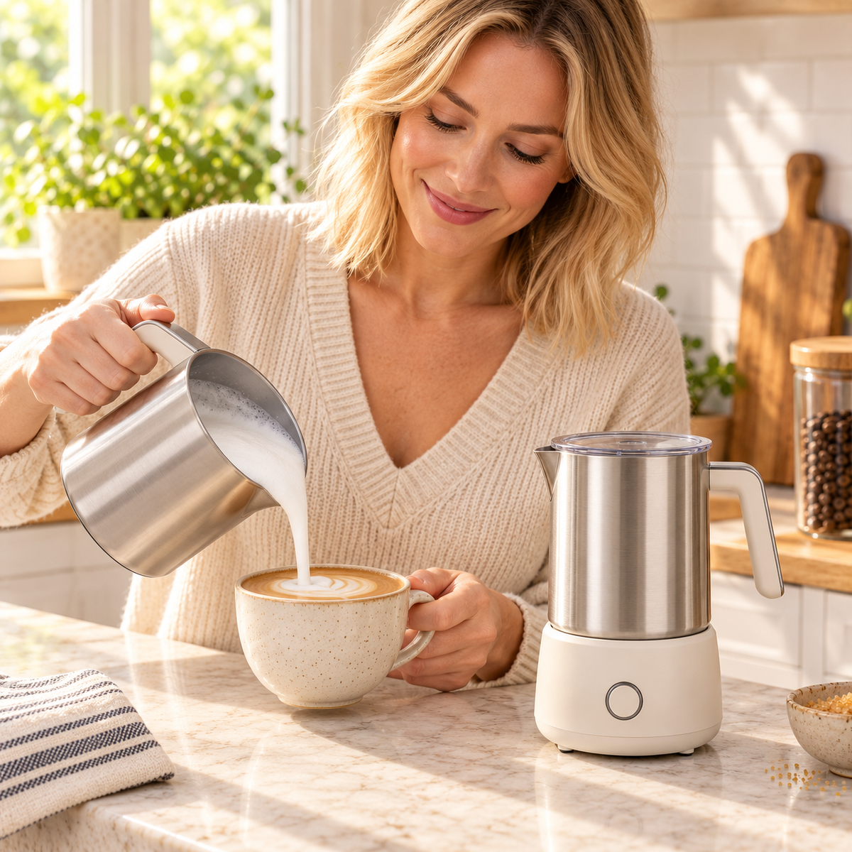 Tervinna Electric Milk Frother Set: woman using the product in a home setting