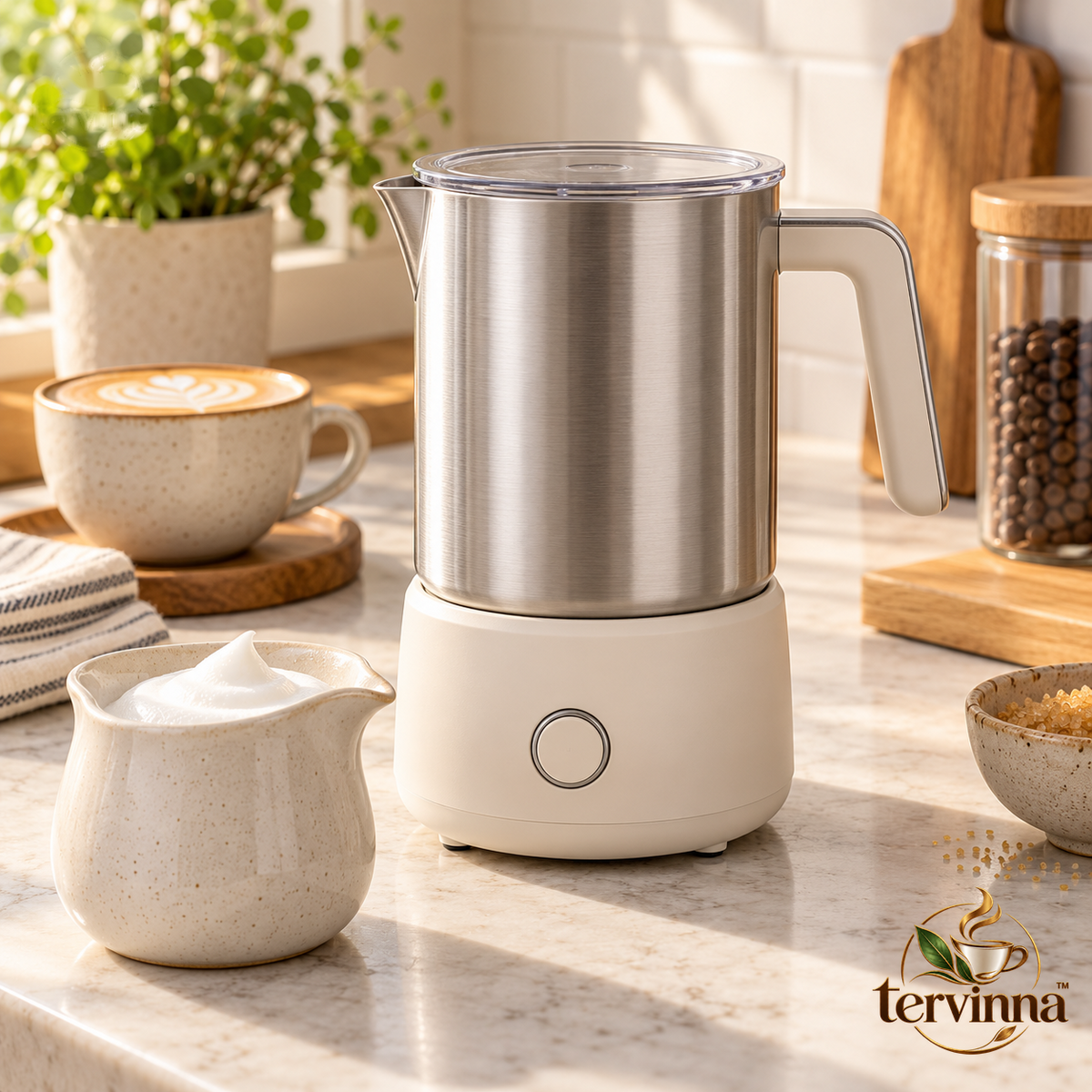 Electric Milk Frother Set main image with transparent Tervinna logo at lower right