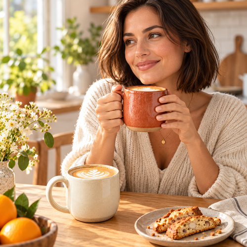 Tervinna Ceramic Latte Mugs, Set of Two: woman using the product in a home setting