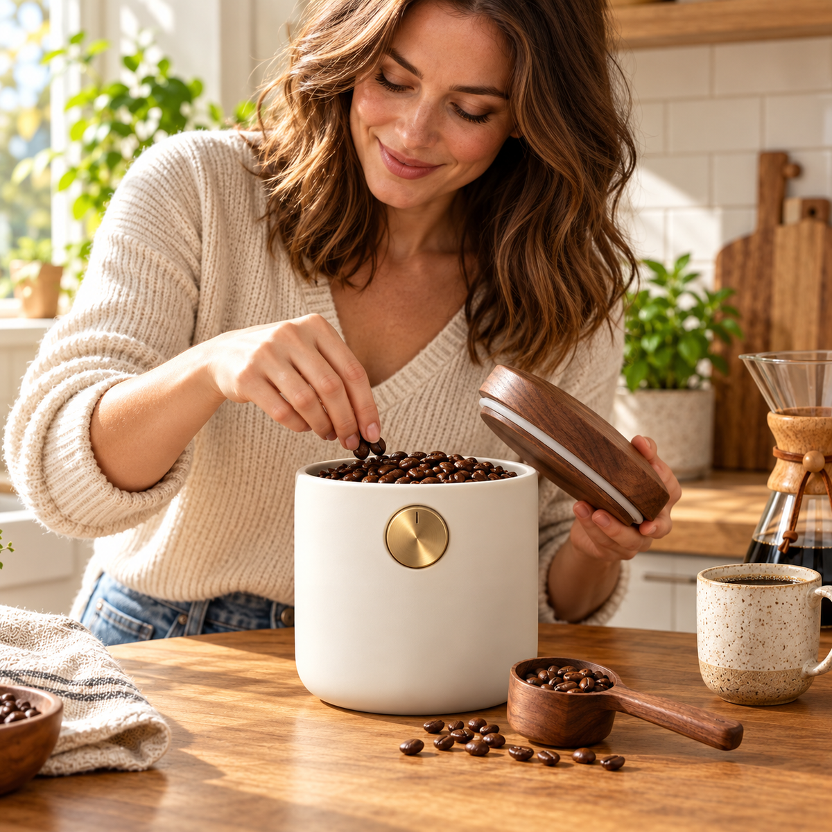 Tervinna Airtight Coffee Canister with Walnut-Tone Lid: woman using the product in a home setting