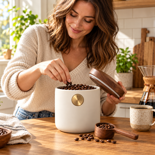 Tervinna Airtight Coffee Canister with Walnut-Tone Lid: woman using the product in a home setting