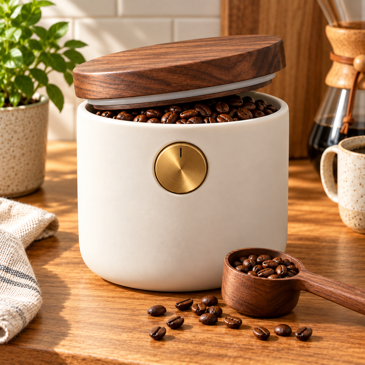 Tervinna Airtight Coffee Canister with Walnut-Tone Lid: close-up product detail