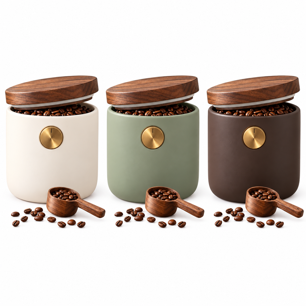 Tervinna Airtight Coffee Canister with Walnut-Tone Lid: three color options