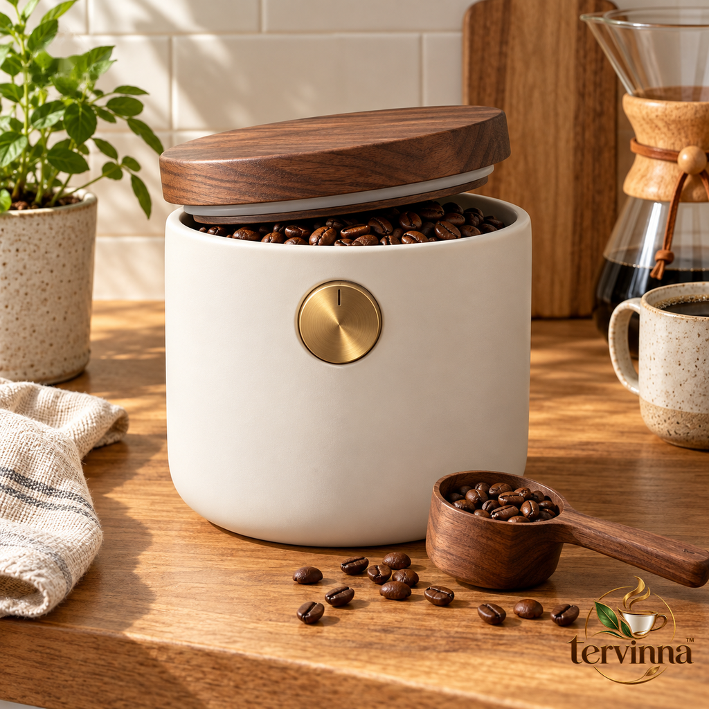 Airtight Coffee Canister with Walnut-Tone Lid main image with transparent Tervinna logo at lower right